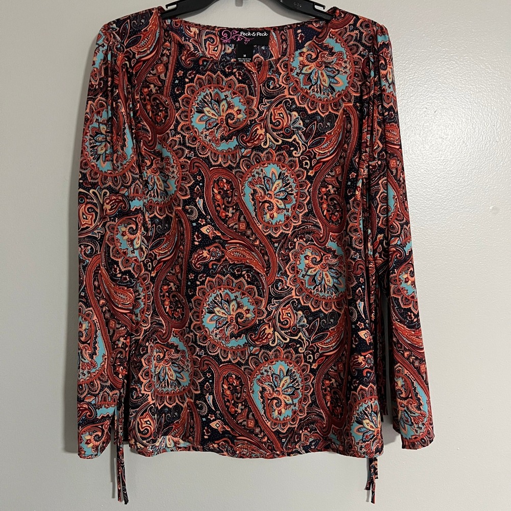 Peck & Peck Paisley Fringe Side Long Sleeve Blouse Rust Blue M Boho Western